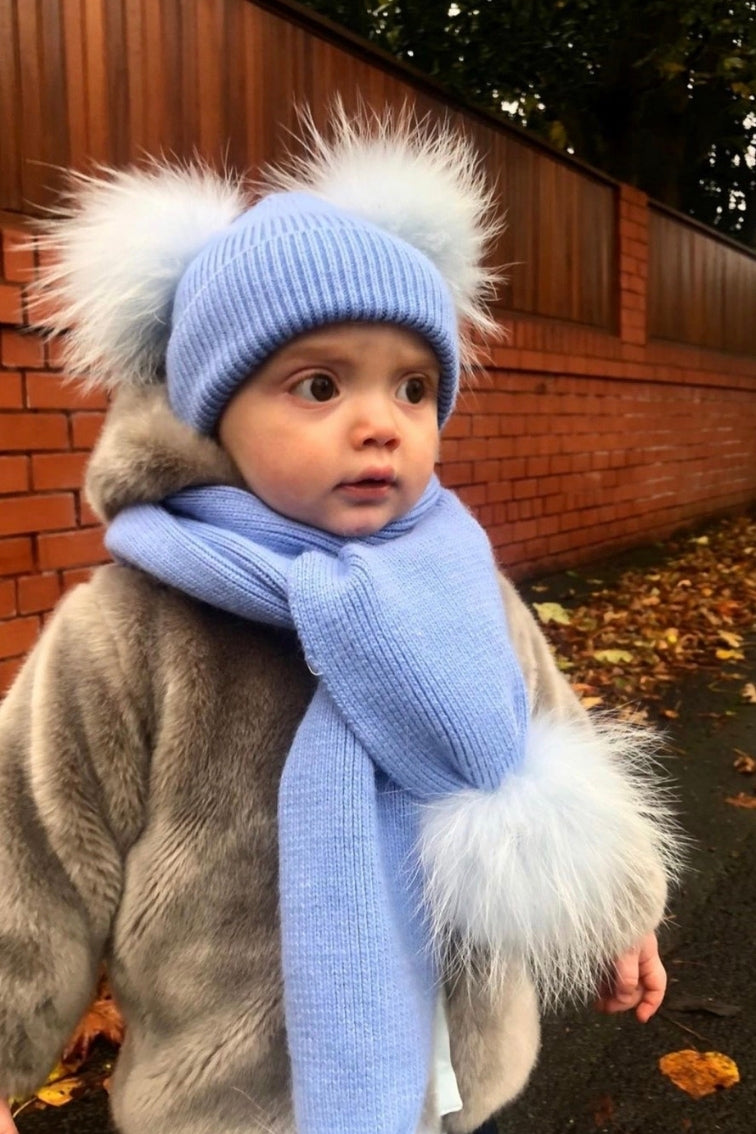 KIDS Baby Blue DOUBLE Bobble Hat & Scarf Set