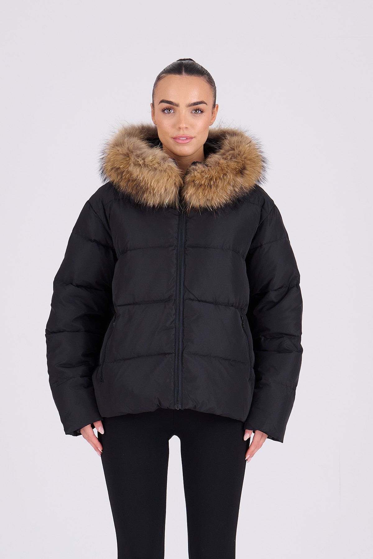 ADOLA Black Bomber Coat- Natural Fur