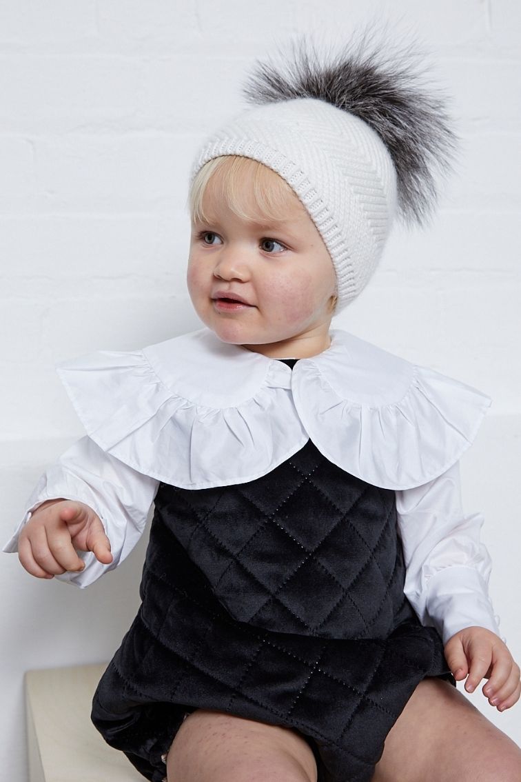 KIDS White / Silver Fox Cable Knit Bobble Hat