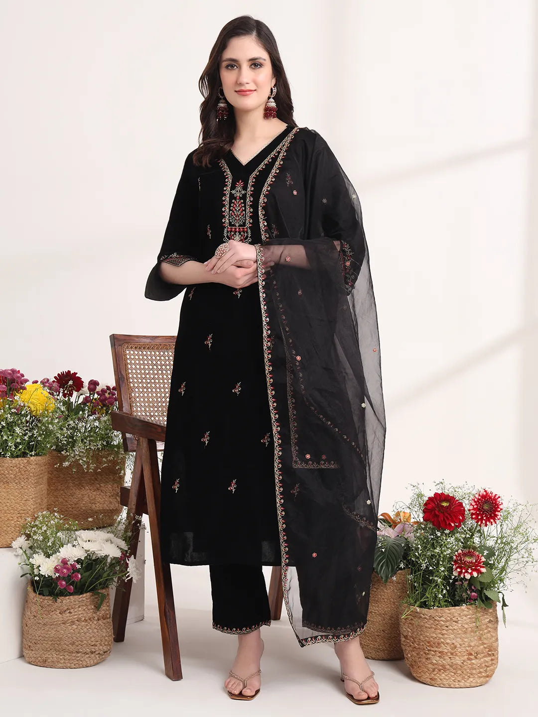 Black Velvet Embroidered Suit Set with Net Dupatta