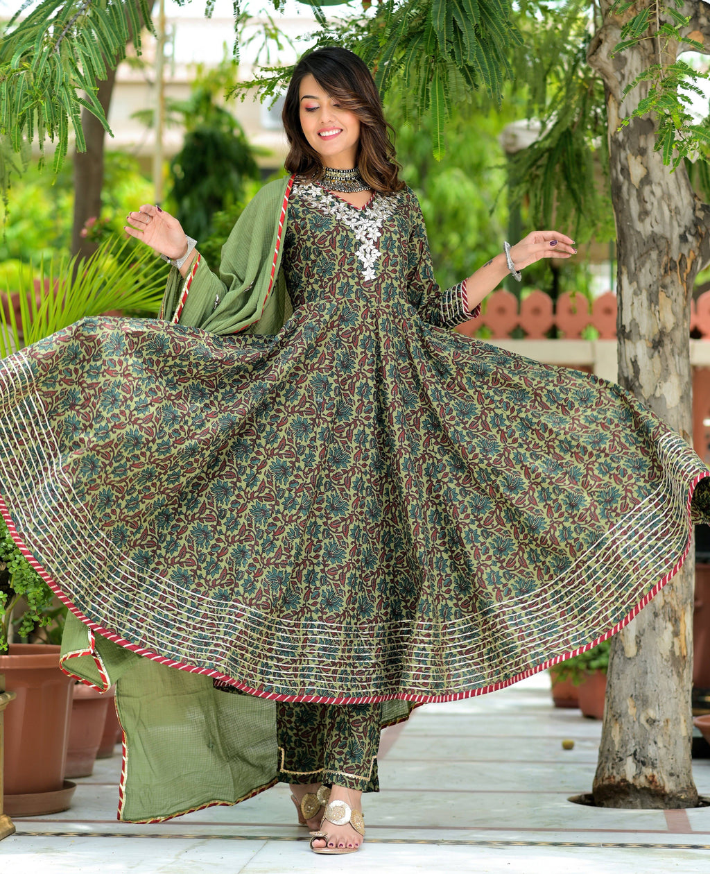 Cotton Green Gota Patti Anarkali Suit Set - Ria Fashions