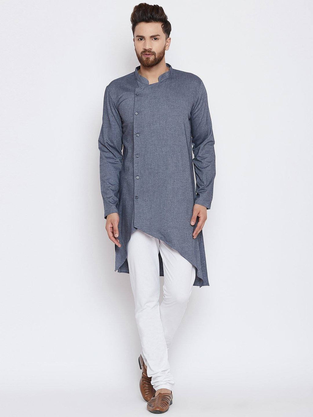 Asymmetrical Grey  Solid  Cotton Men's Kurta - Ria Fashions