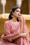 Pink Tiered Mirror Work Embroidered Kurta With Trouser & Dupatta - Ria Fashions