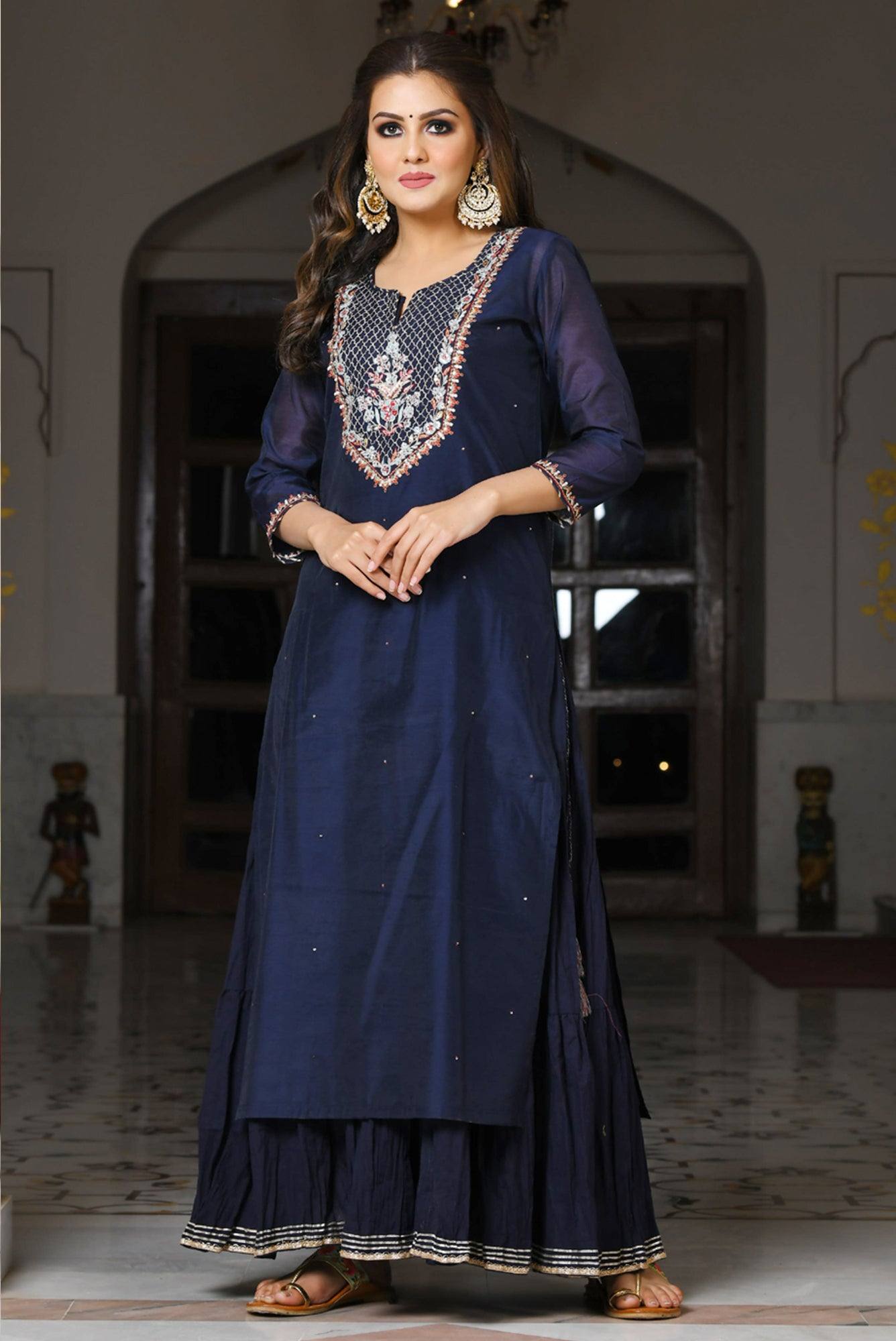 Modal Silk Blue Embroidered Sharara Set