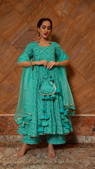 Paisley Cotton Green Floral Print Anarkali Set with Soft Net Dupatta