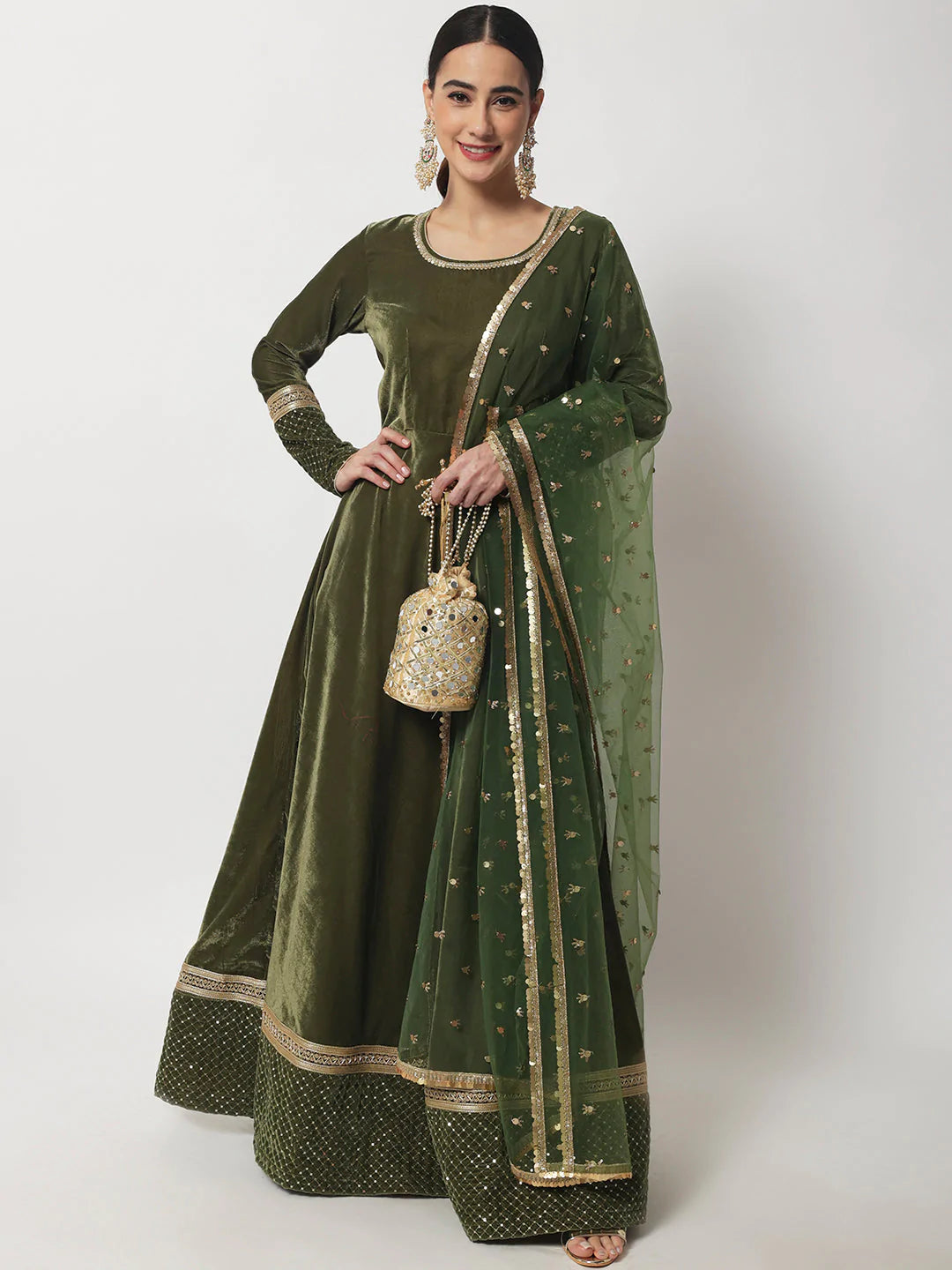 Green Velvet Anarkali Style Zari & Sequin Detailing Kurta with Heavy Net Zari & Stone Detailing Dupatta