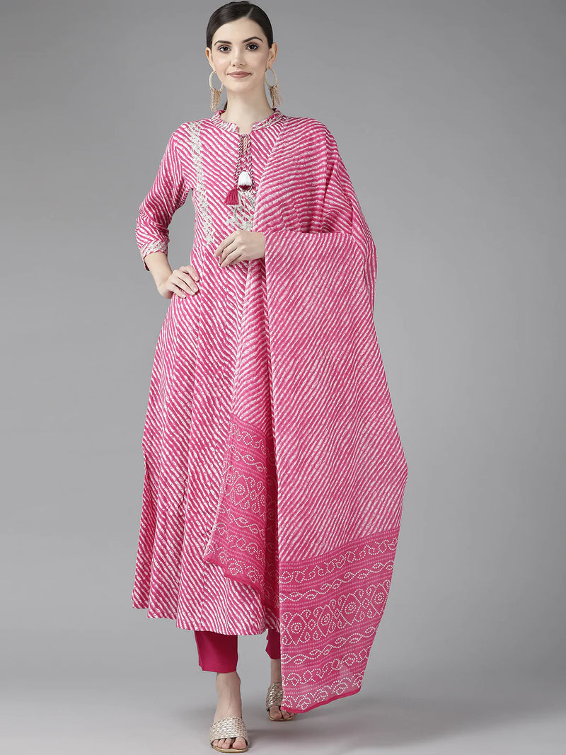 Pink Viscose Rayon Leheriya Print Suit Set with Voile Dupatta