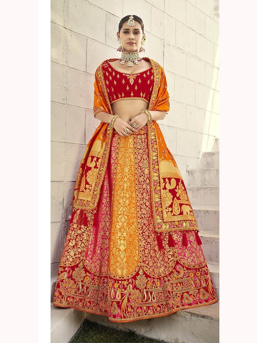 Photo of Red and gold bridal lehenga with yellow dupatta