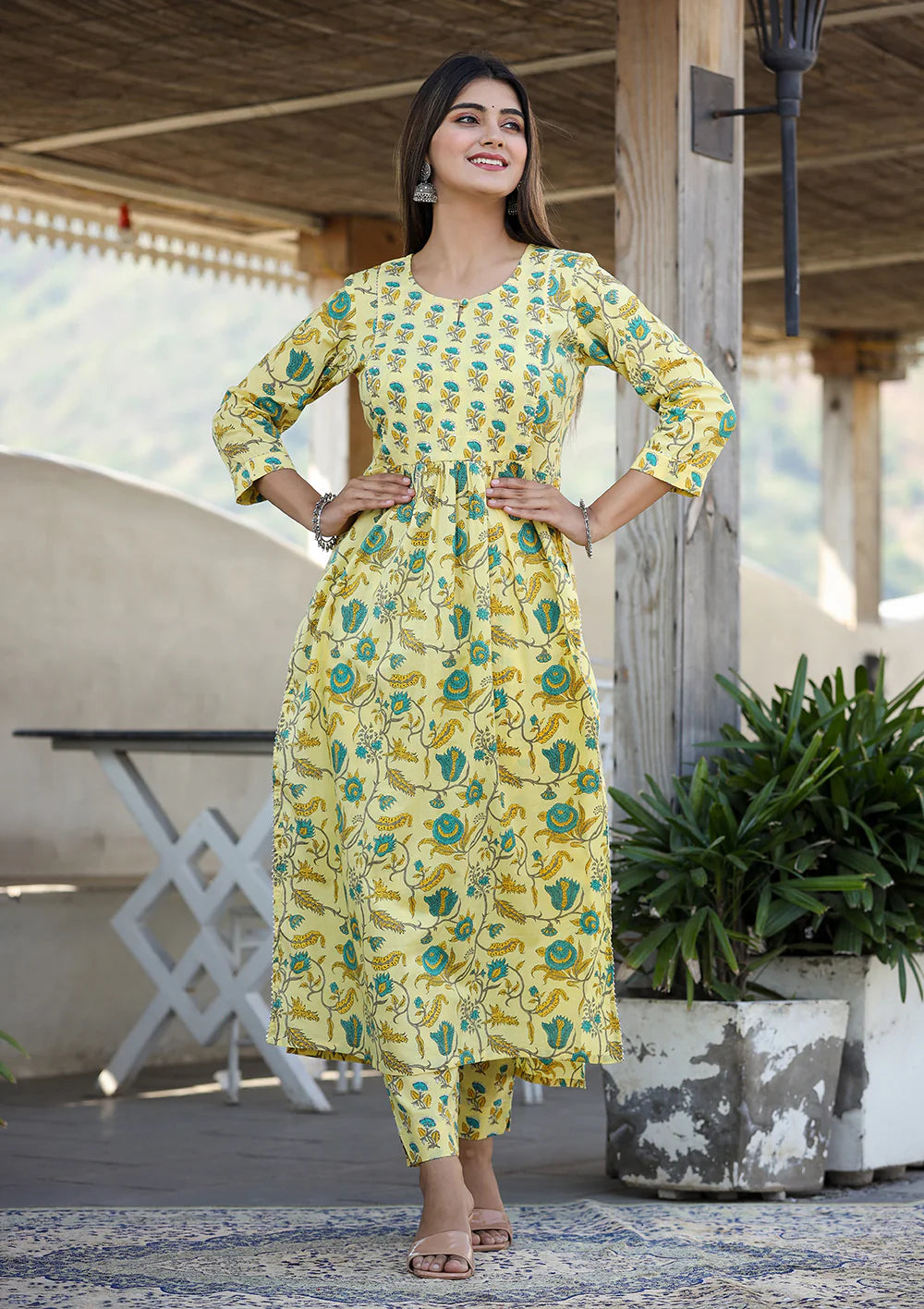 Yellow Cotton Flora Print Nyra Cut Kurta Pant Set