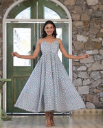 Cotton Blue & White Geometric Print Hand Block Maxi Style Flared Dress