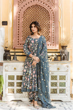 Cotton Grey Floral Print Anarkali Suit Set with Embroidered Dupatta