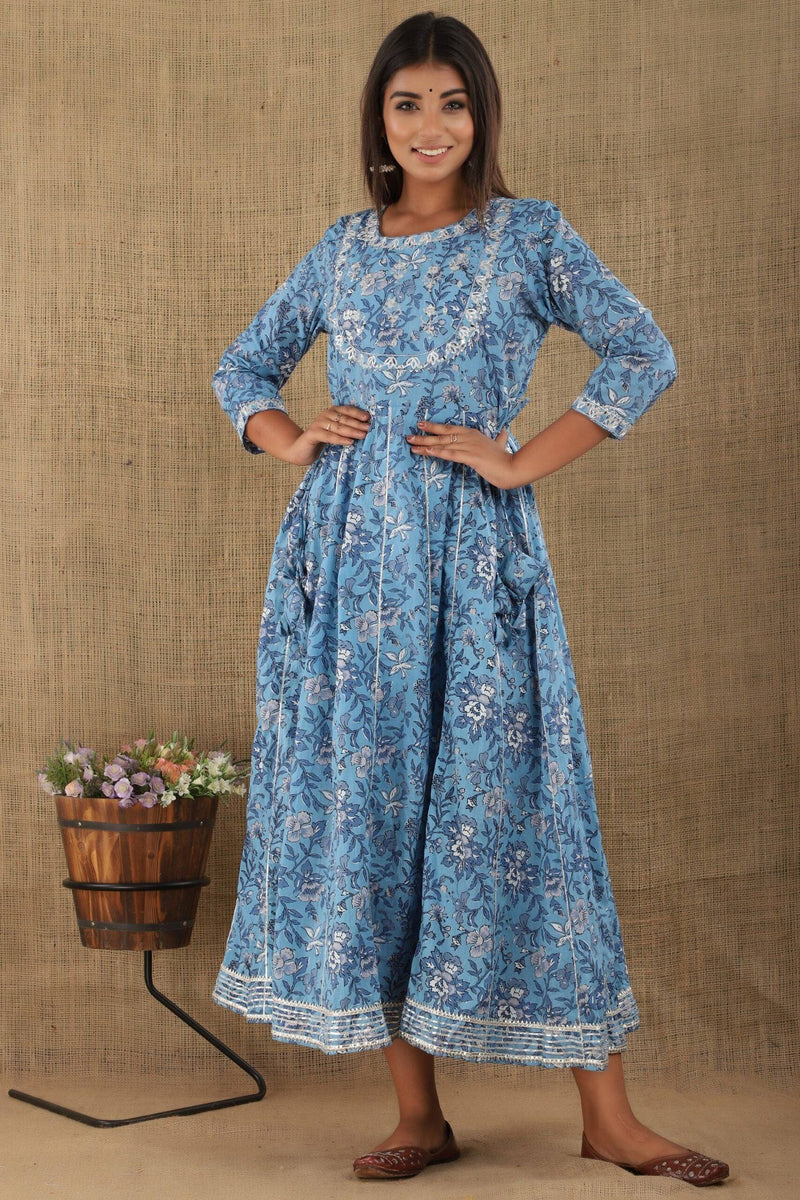 Cotton Light Blue Embroidery & Mirror Detailing Gown