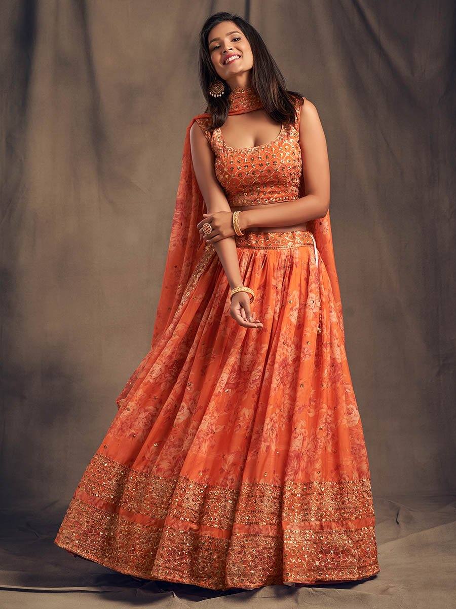 Orange Floral Embroidered Lehenga Set 