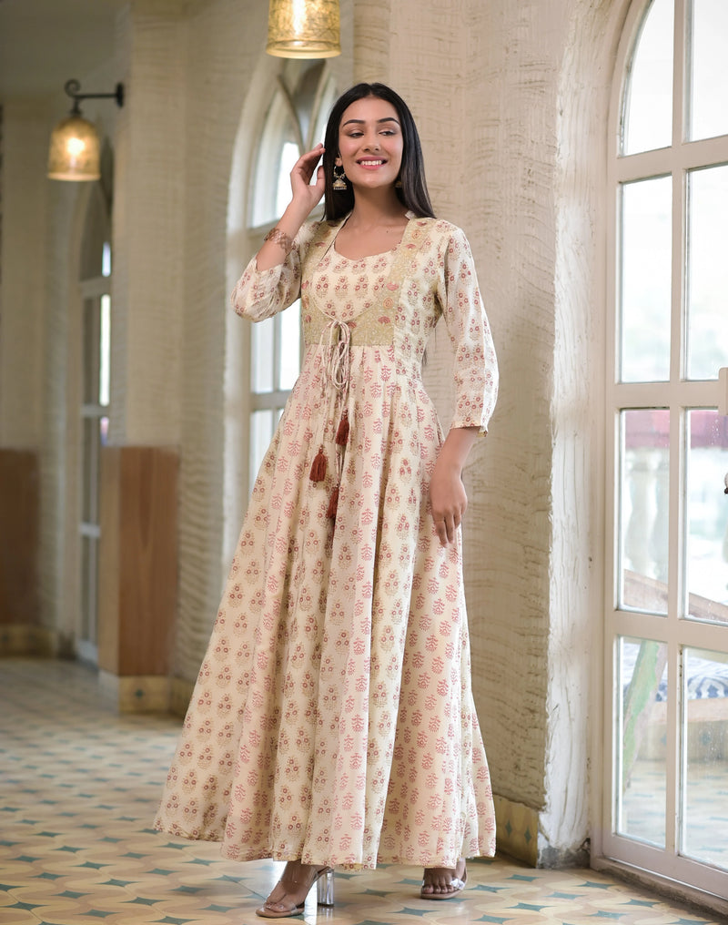 Viscose Cream Block Print & Embroidered Anarkali Style Dress - Ria Fashions