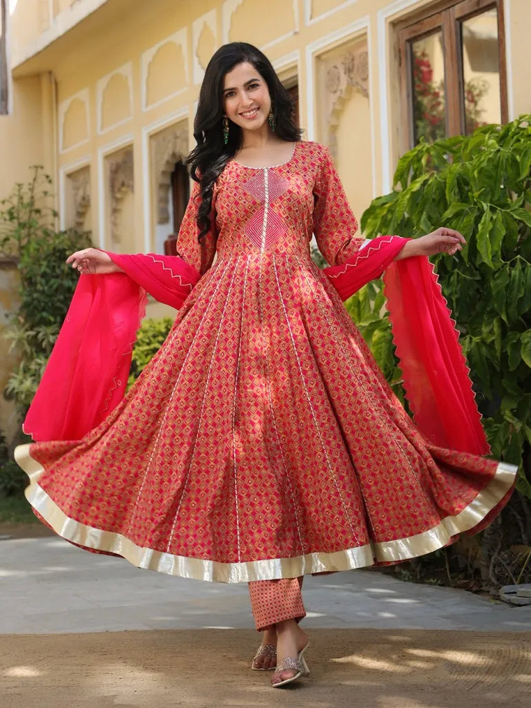 Fuchsia Pink Handloom Chanderi Anarkali Set – Punit Balana