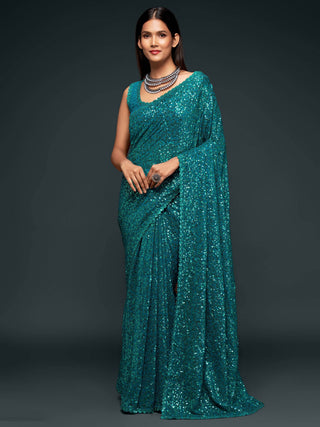Blue Georgette Sequined Saree with Unstitched Blouse