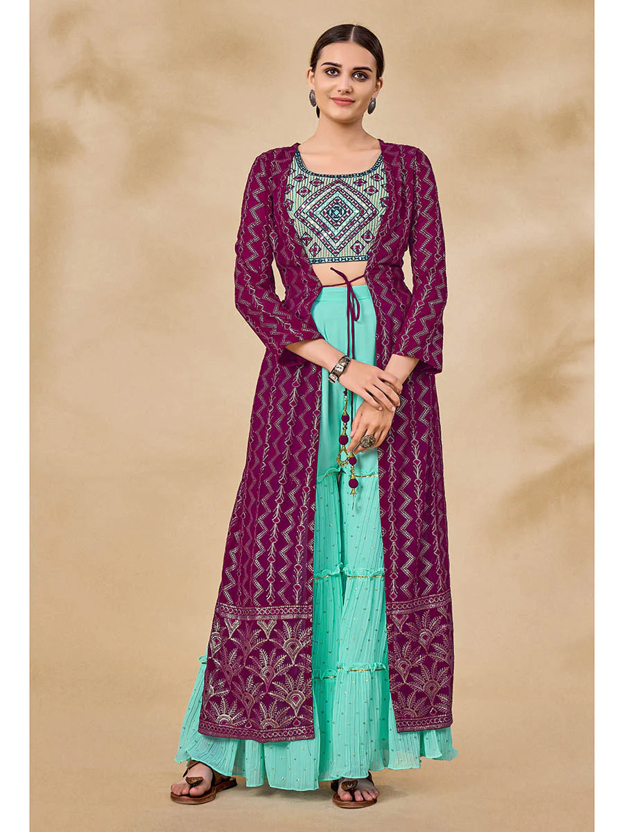 Wine & Blue Georgette Gold Embroidered Jacket Style Sharara Set