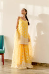 Cotton Yellow Mirror Embellished Embroidered Kurta Garara Set with Organza Dupatta