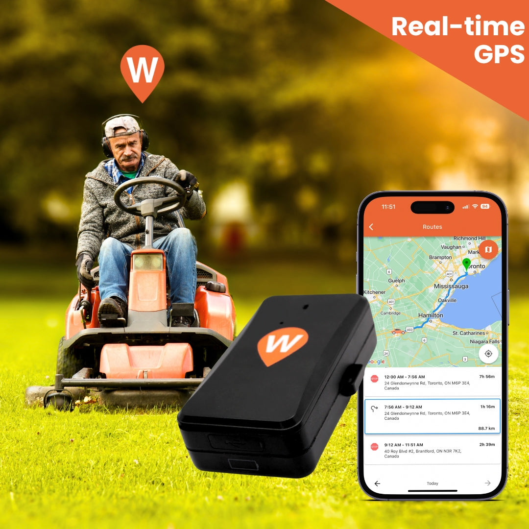 Riding mower cutting grass with magnetic GPS tracker inside WhereSafe app screen showing tracking 