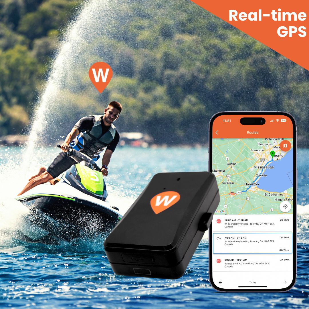 Jet Ski Driving on the water with Magnetic GPS tracker inside WhereSafe app screen showing tracking 