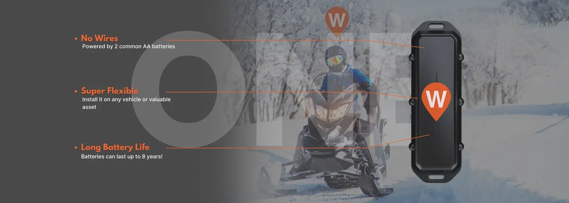 Snowmobile driving through snowy field with WhereSafe One GPS tracker