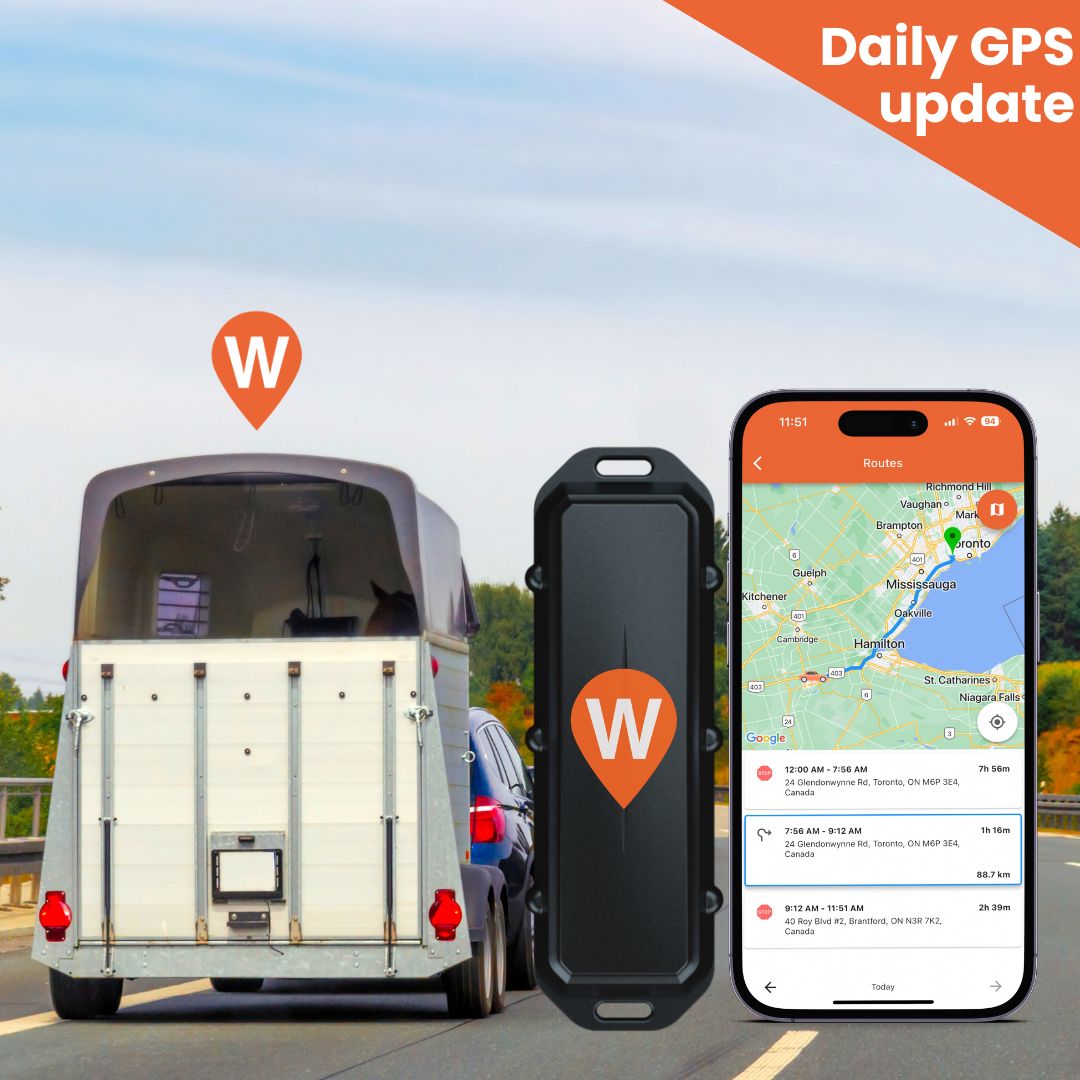 Car towing horse trailer down the road with One GPS tracker inside WhereSafe app screen showing tracking 