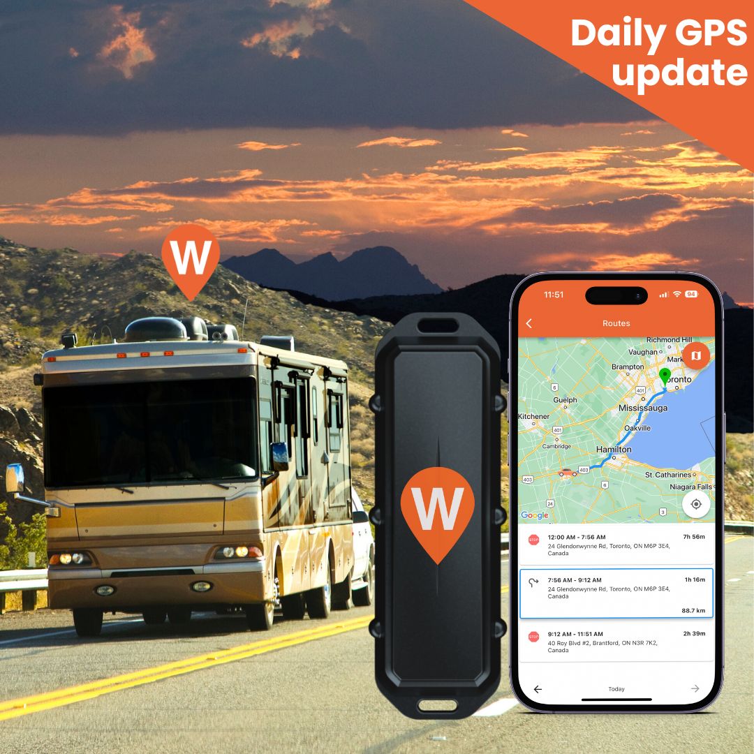 RV driving down a raod with WhereSafe one Tracker inside WhereSafe app screen showing tracking  