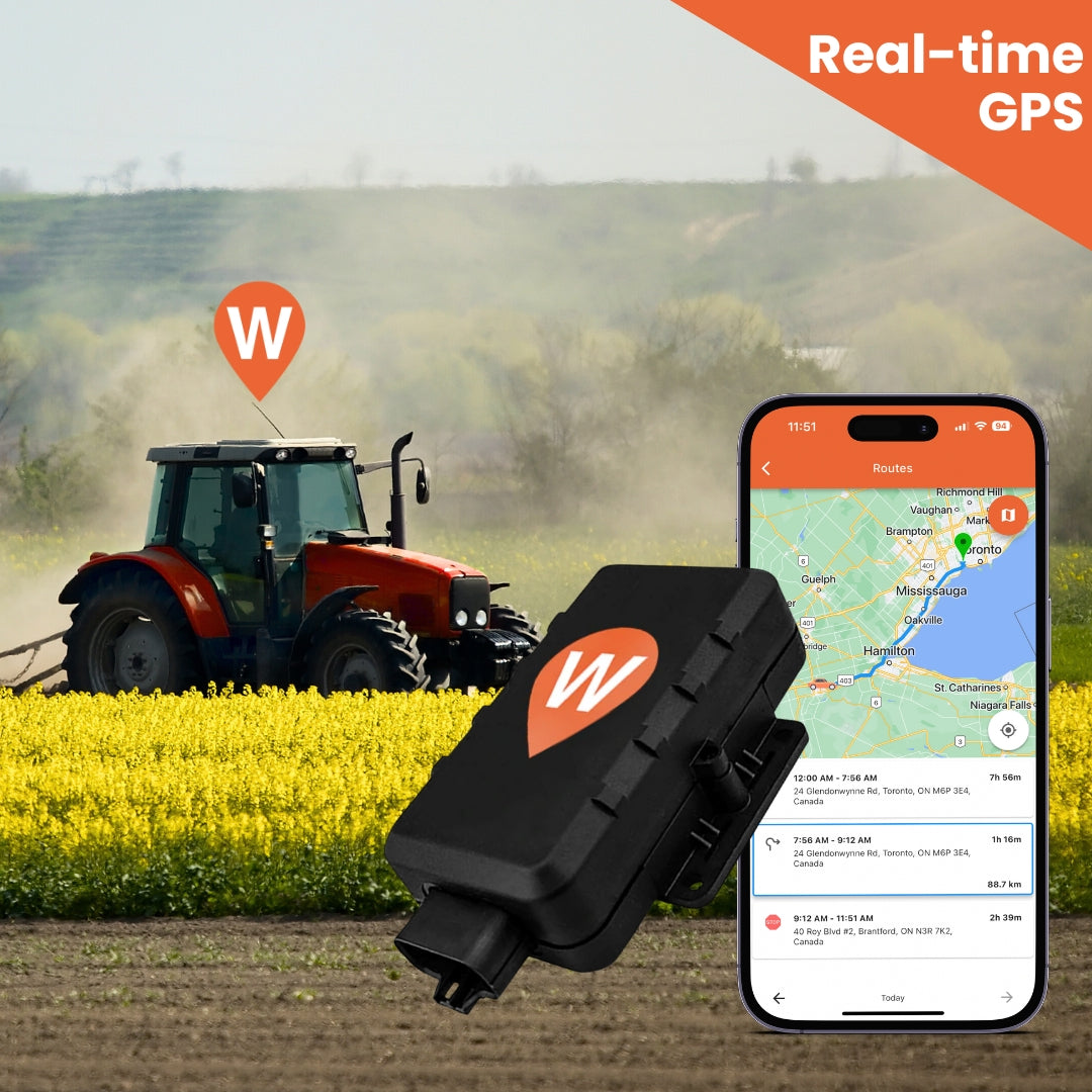 Compact tractor working in a field with Rugged GPS tracker inside WhereSafe app screen showing tracking 