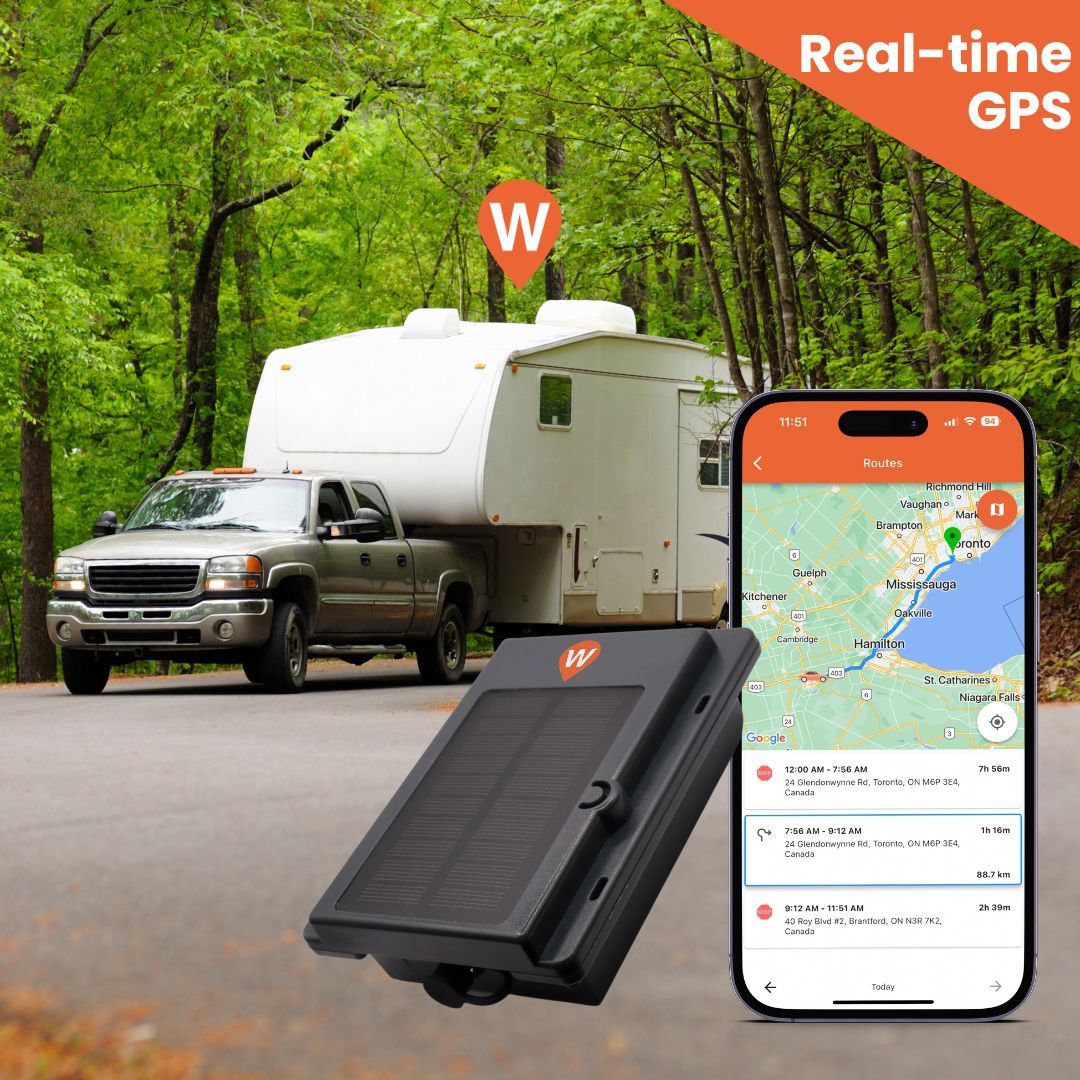 RV in the woods with WhereSafe Xtracker Solar on top WhereSafe app screen showing tracking 