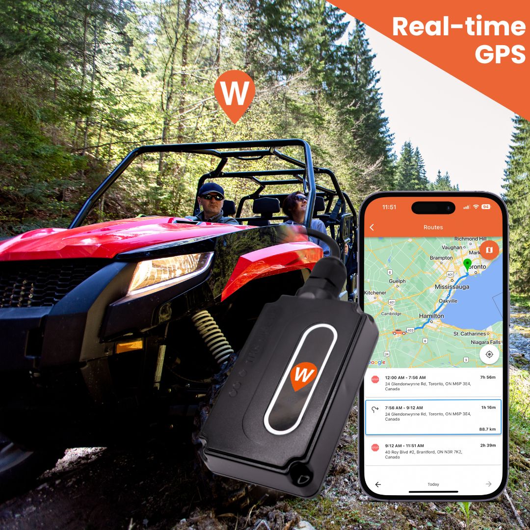 UTV driving through a forest with Sport GPS tracker inside WhereSafe app screen showing tracking 