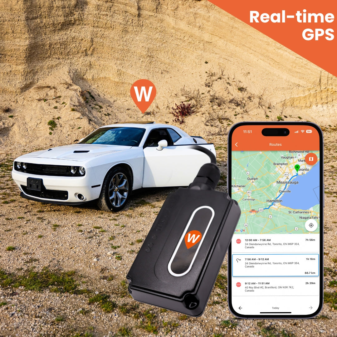 Wired GPS tracker with WhereSafe app Muscle car being tracked by GPS tracker in the desert