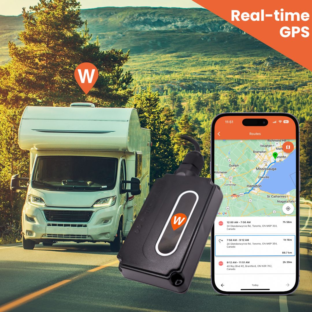 Rv driving on mountain road with Wired GPS tracker inside WhereSafe app screen showing tracking 