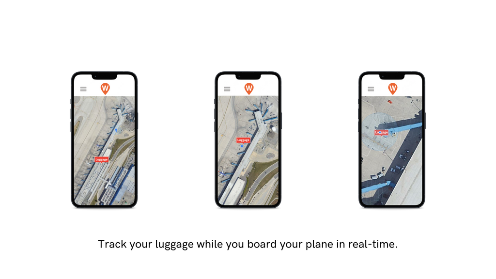 Iphones showing WhereSafe app tracking luggage while getting on a plane