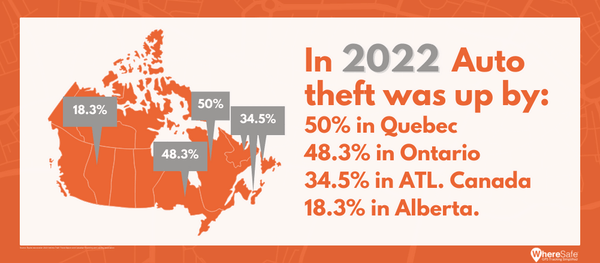 An infographic about rising auto theft rates in different Canadian provinces.