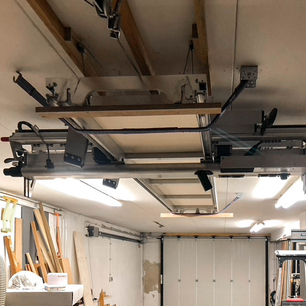 Yeti Tools SmartBench hoisted to ceiling when not in use