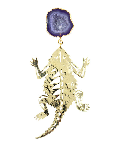 TCU Gold Horned Frog Earrings with Purple Geode