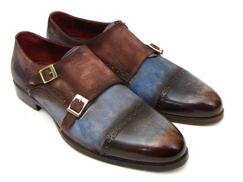Paul Parkman Suede Captoe Monkstrap Shoes Blue/Brown