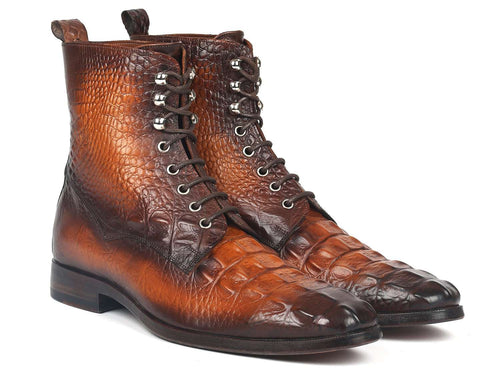 Paul Parkman Brown Croco Leather Lace-Up Boots