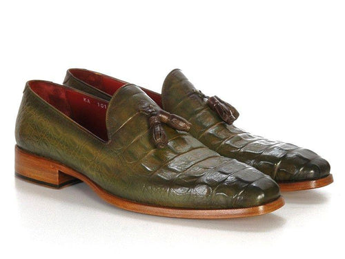 Paul Parkman Green Crocodile Embossed Tassel Loafer