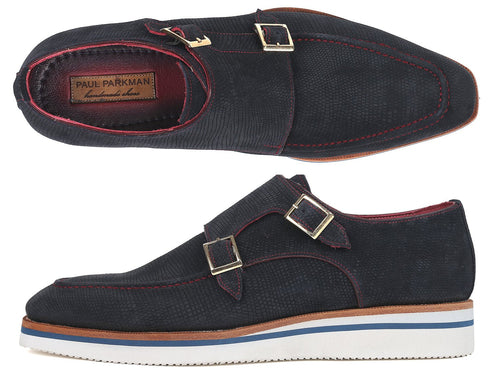 Paul Parkman Navy Suede Monkstrap Shoes