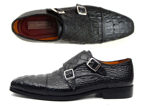 Paul Parkman Black Crocodile Double Monkstrap Shoes