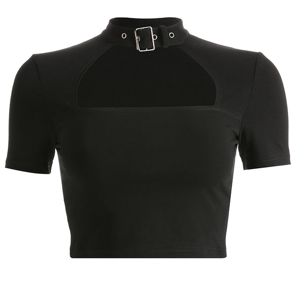 Black openwork T-shirt KF90787 – unzzy