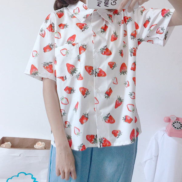 Fruit Strawberry Print Short Sleeve Top + Jeans KF30235 – unzzy