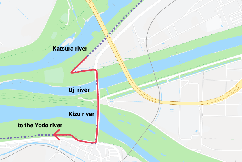 Illustration montrant l'endroit où nous traversons les trois rivières pour atteindre la rivière Yodo pendant l'étape de l'itinéraire sur la rivière Katsura.