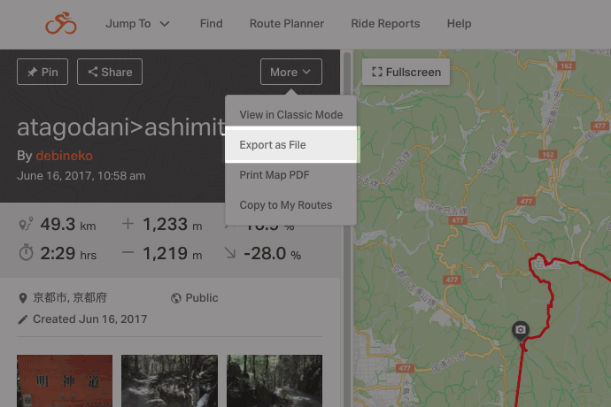 Exporting files from route in Ride with GPS.