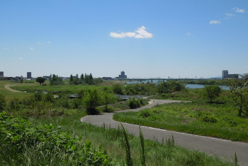 The cycling path on the Yodo river at Hirakata on the Osaka to Kyoto cycling route.