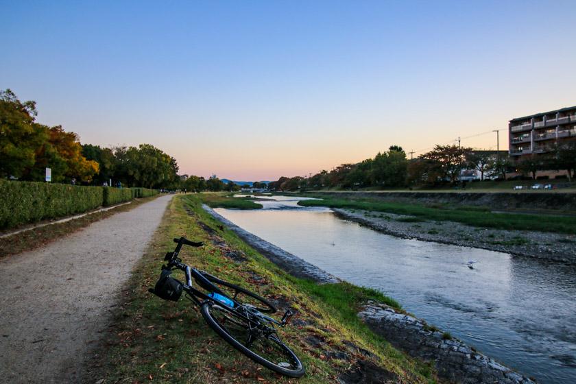 The iconic cycle path along the Kamo river, Kyoto. We return from the mountains down this river.