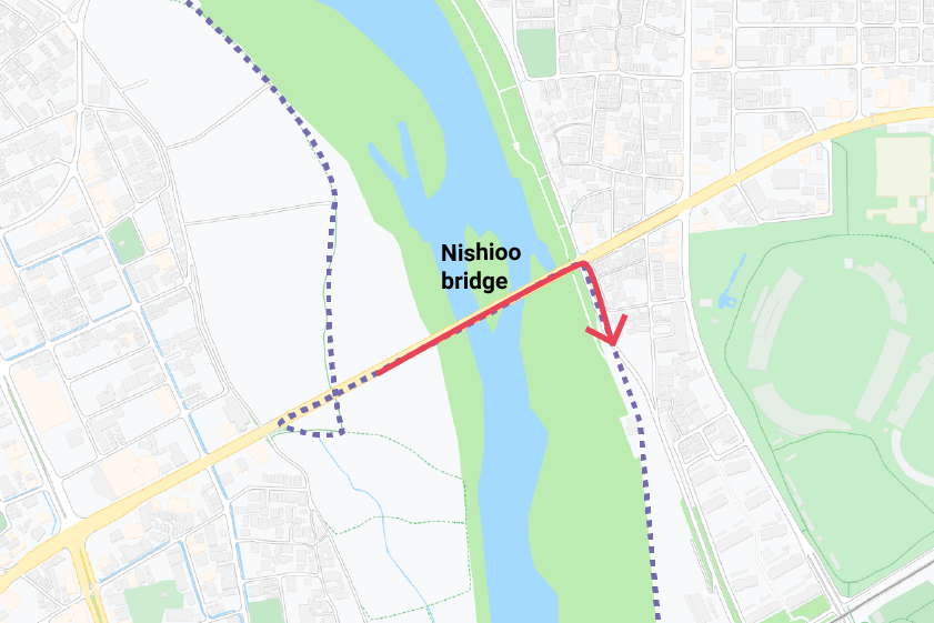 Ilustración del cruce del puente Nishioo en la ruta.