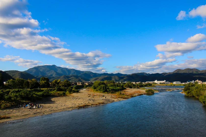 The beautiful view looking north up the Katsura river, near Arashiyama.
