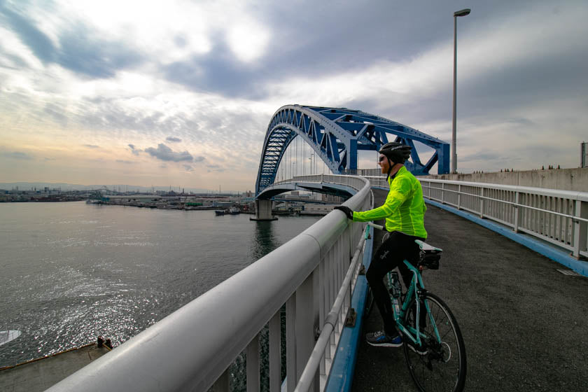 One of the amazing bridge crossings on the Osaka harbour cycling route.